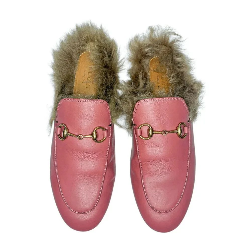 Gucci Princetown Horsebit Fur Mules EU 37 Lipstick Rose Leather Flat Slippers